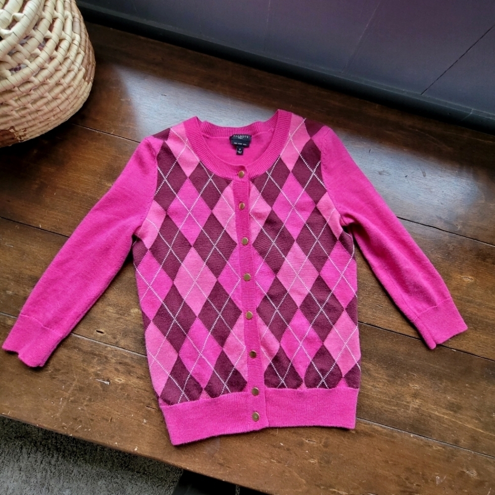 Talbots Pure 100% Merino Wool Argyle Diamond Schoolgirl Cardigan sz P Pink